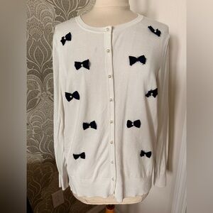 Women's White Sweater with Navy Bow Accents